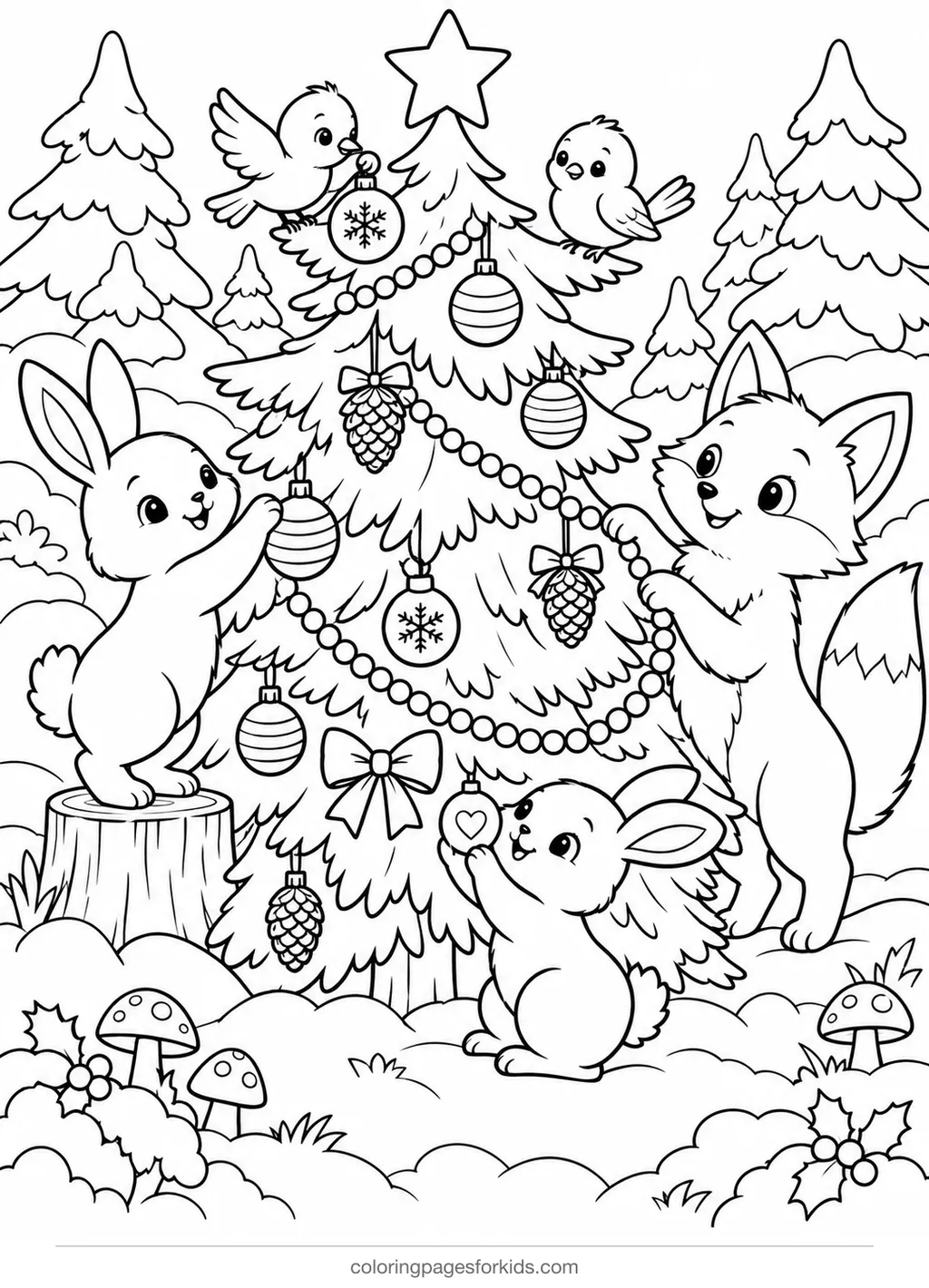 Christmas tree coloring page of forest animals decorating a pine, medium printable for ages 5-7