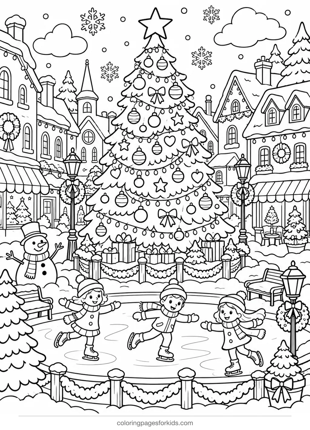 Christmas tree coloring page of a town square with skaters, detailed printable for ages 7-10