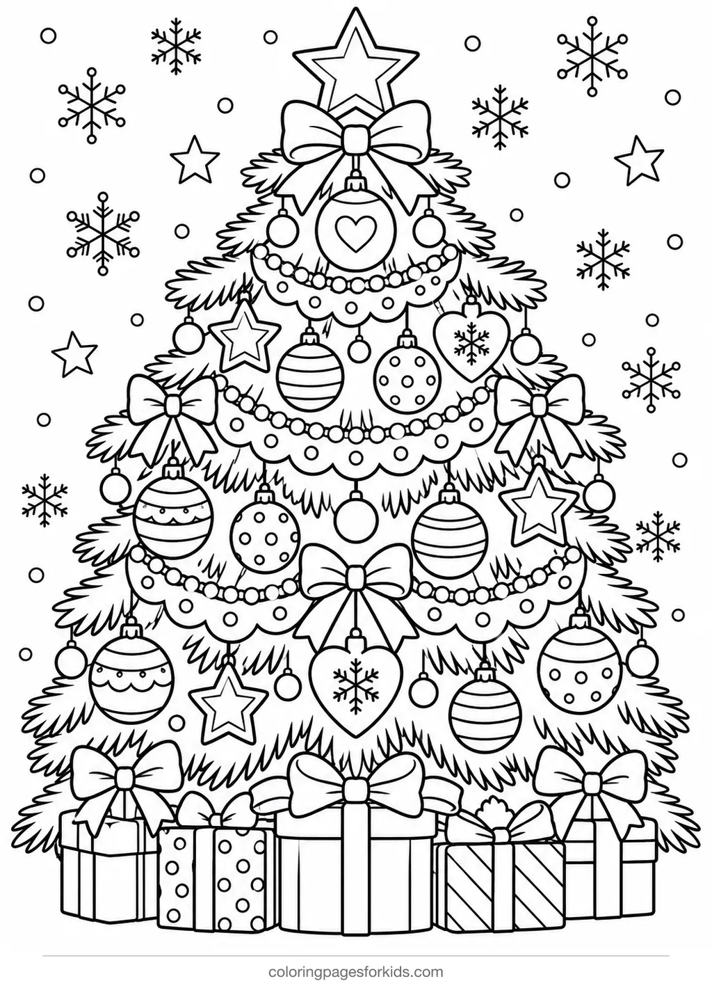 Christmas tree ornaments coloring page with patterns, detailed printable for ages 7-10