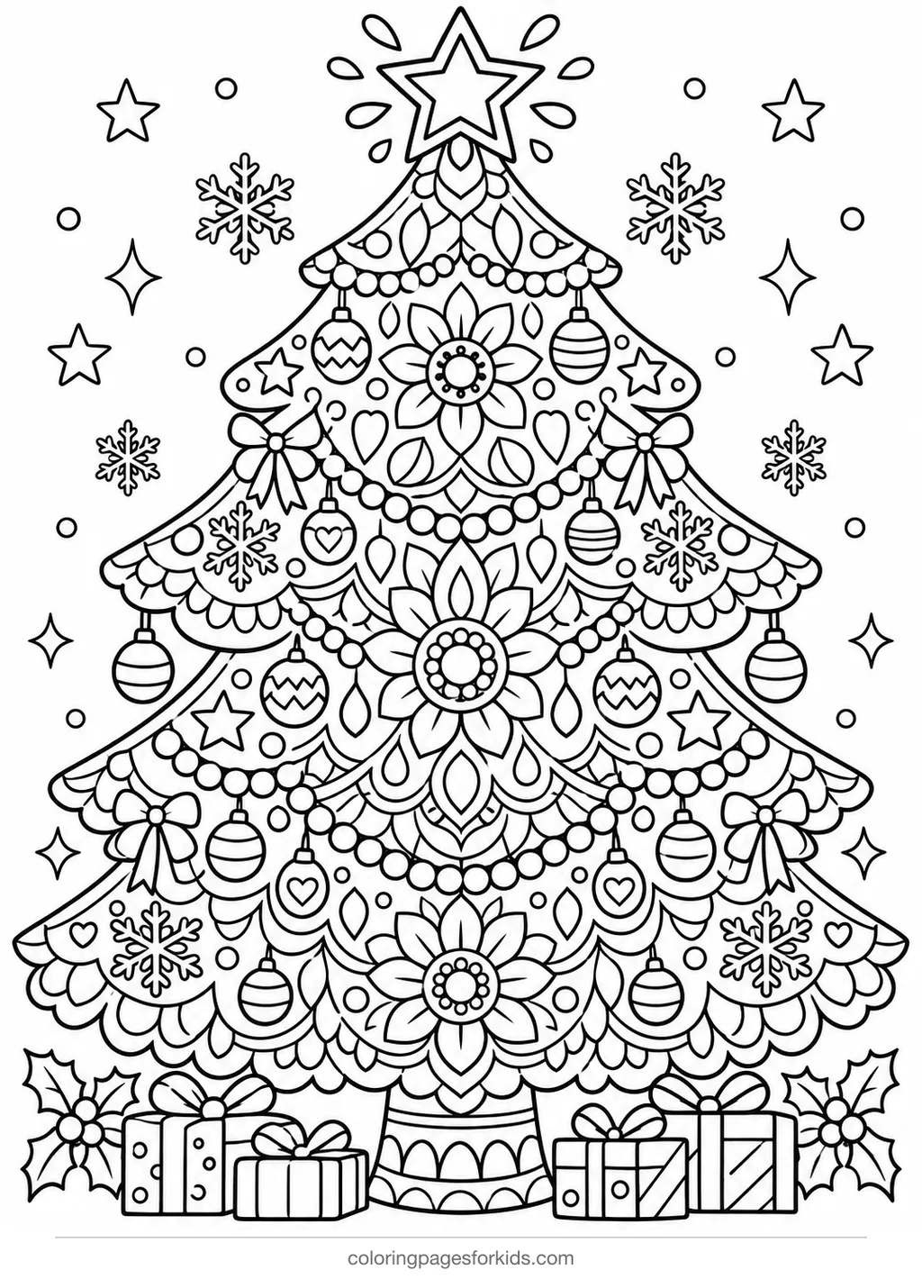 Christmas tree coloring page with mandala patterns, detailed printable for ages 7-10
