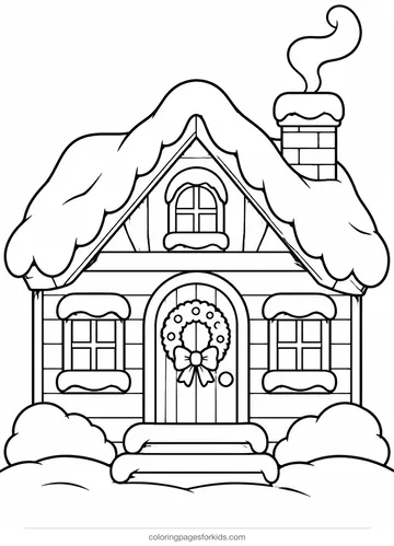 Christmas village coloring page of a snowy cottage with a wreath, easy printable for preschoolers