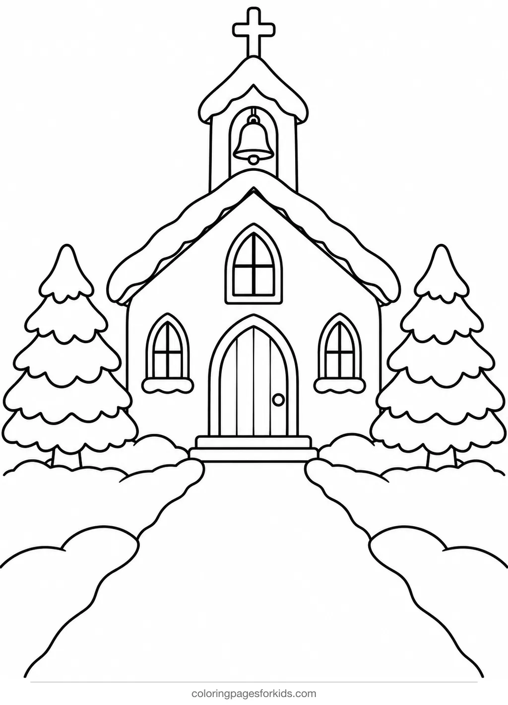 Christmas village coloring page of a little chapel in snow, easy printable for ages 3-5