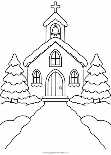 Christmas village coloring page of a little chapel in snow, easy printable for ages 3-5