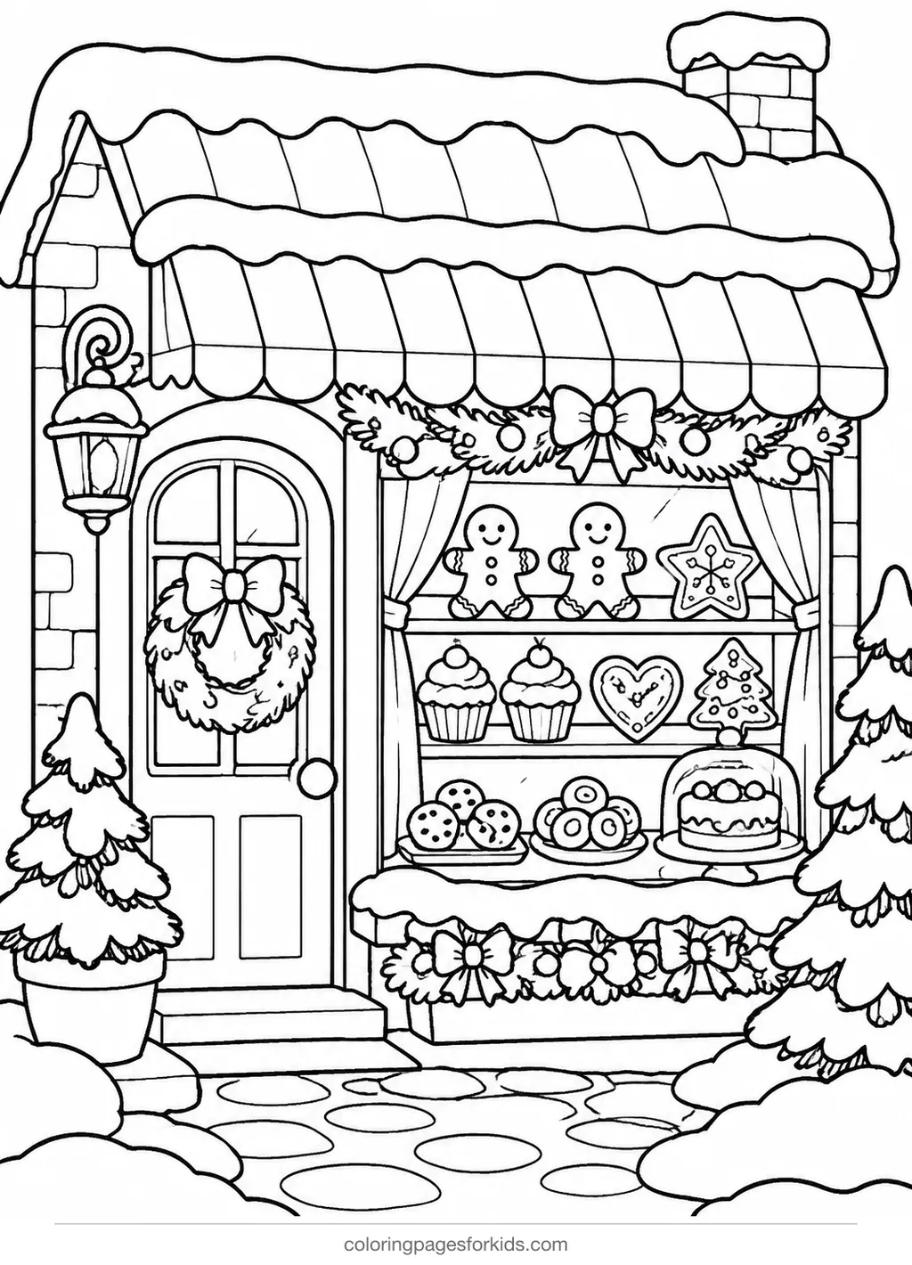 Christmas village coloring page of a bakery shopfront, easy black-and-white printable for ages 3-5