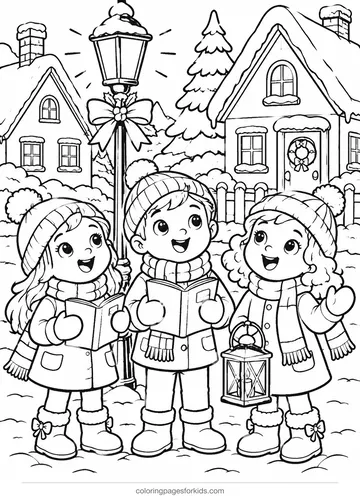 Christmas village coloring page of cartoon carolers on a snowy street, medium printable for ages 5-7