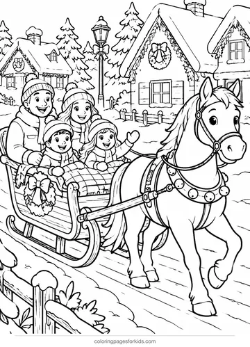 Christmas village coloring page of a horse pulling a sleigh, medium printable for ages 5-7