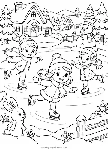 Christmas village coloring page of kids skating on a pond, medium printable for ages 5-7