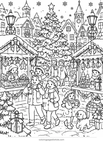 Christmas village coloring page of a market square, detailed printable for ages 7-10
