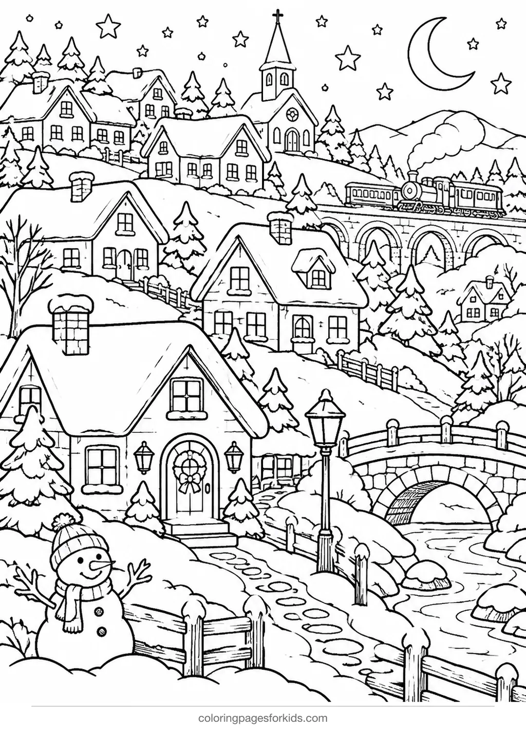 Christmas village coloring page of a hillside village with train, detailed printable for ages 7-10
