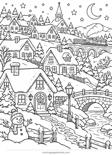 Christmas village coloring page of a hillside village with train, detailed printable for ages 7-10
