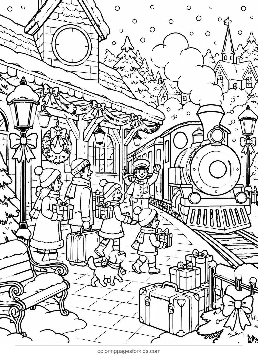 Christmas village coloring page of a train station, detailed black-and-white printable for ages 7-10