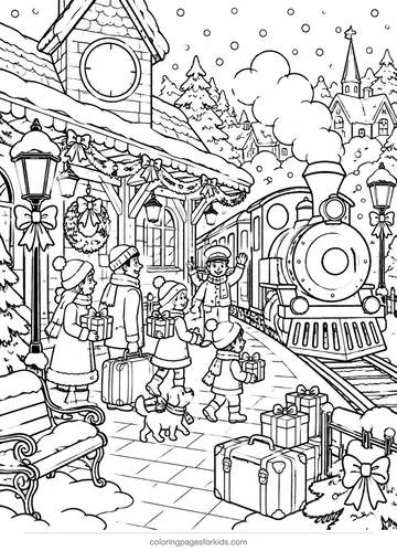 Christmas village coloring page of a train station, detailed black-and-white printable for ages 7-10