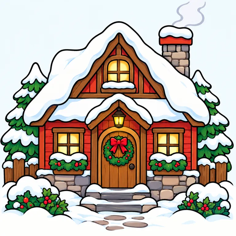 Colored example of a cute snowy Christmas village cottage with a wreath and chimney smoke