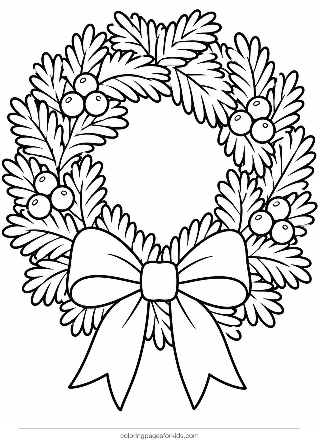 Christmas wreath coloring page of a pine wreath with a big bow, easy black-and-white printable for ages 3-5