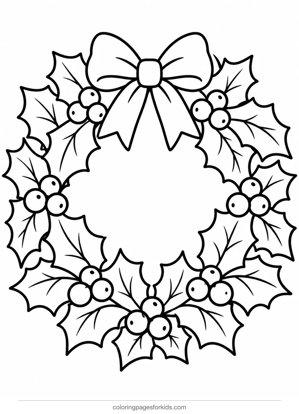 Christmas wreath coloring page of holly leaves and berries, easy black-and-white printable for ages 3-5