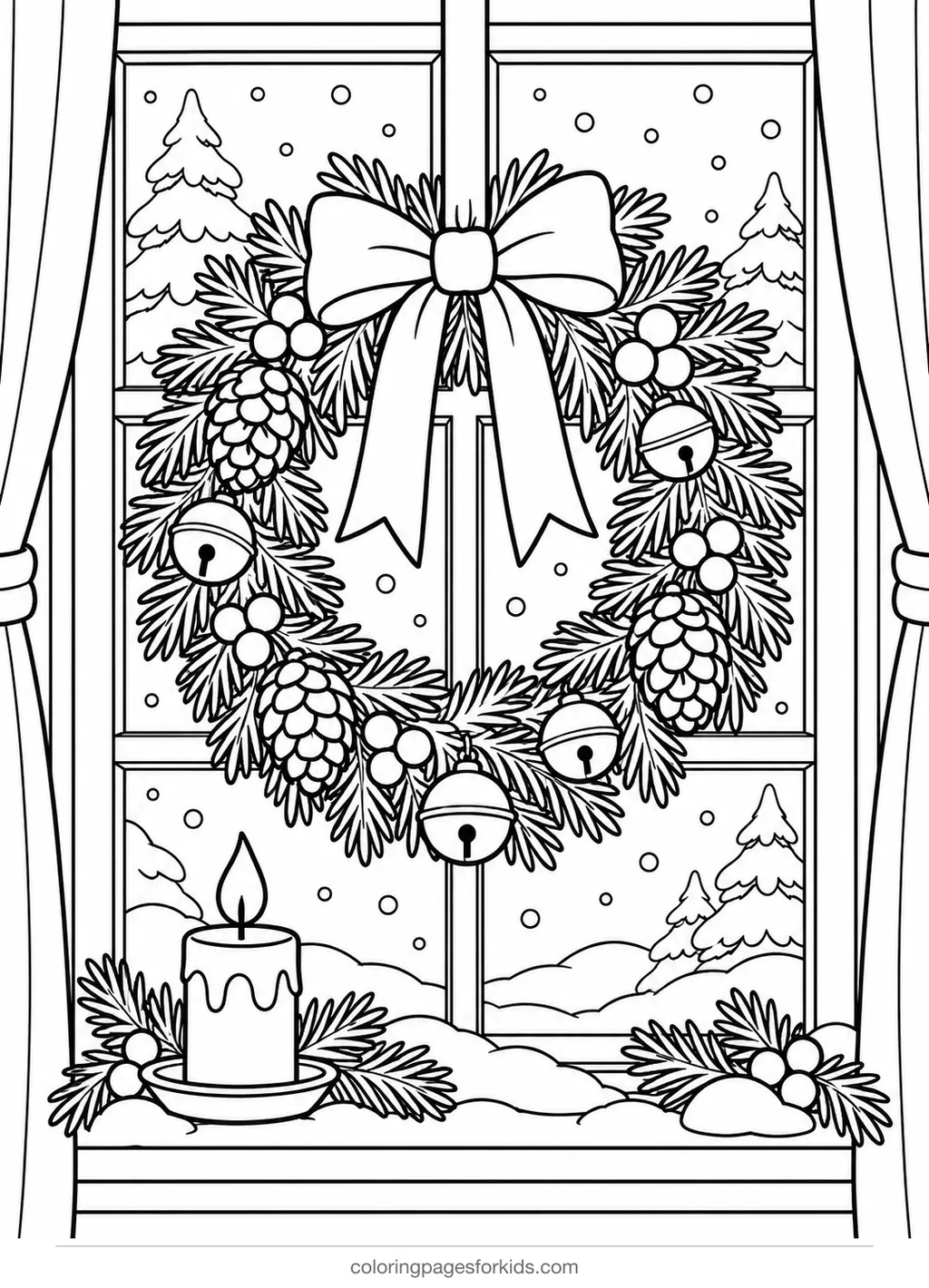 Christmas wreath coloring page of a wreath on a snowy window, medium black-and-white printable for ages 5-7