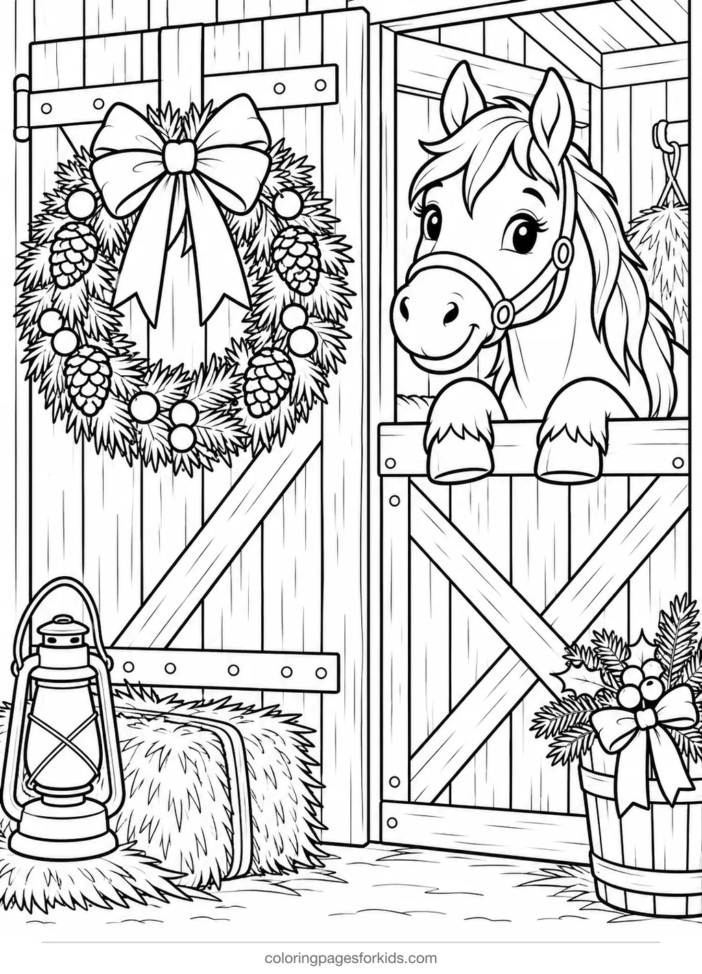 Christmas wreath coloring page of a barn door wreath and horse, medium black-and-white printable for ages 5-7