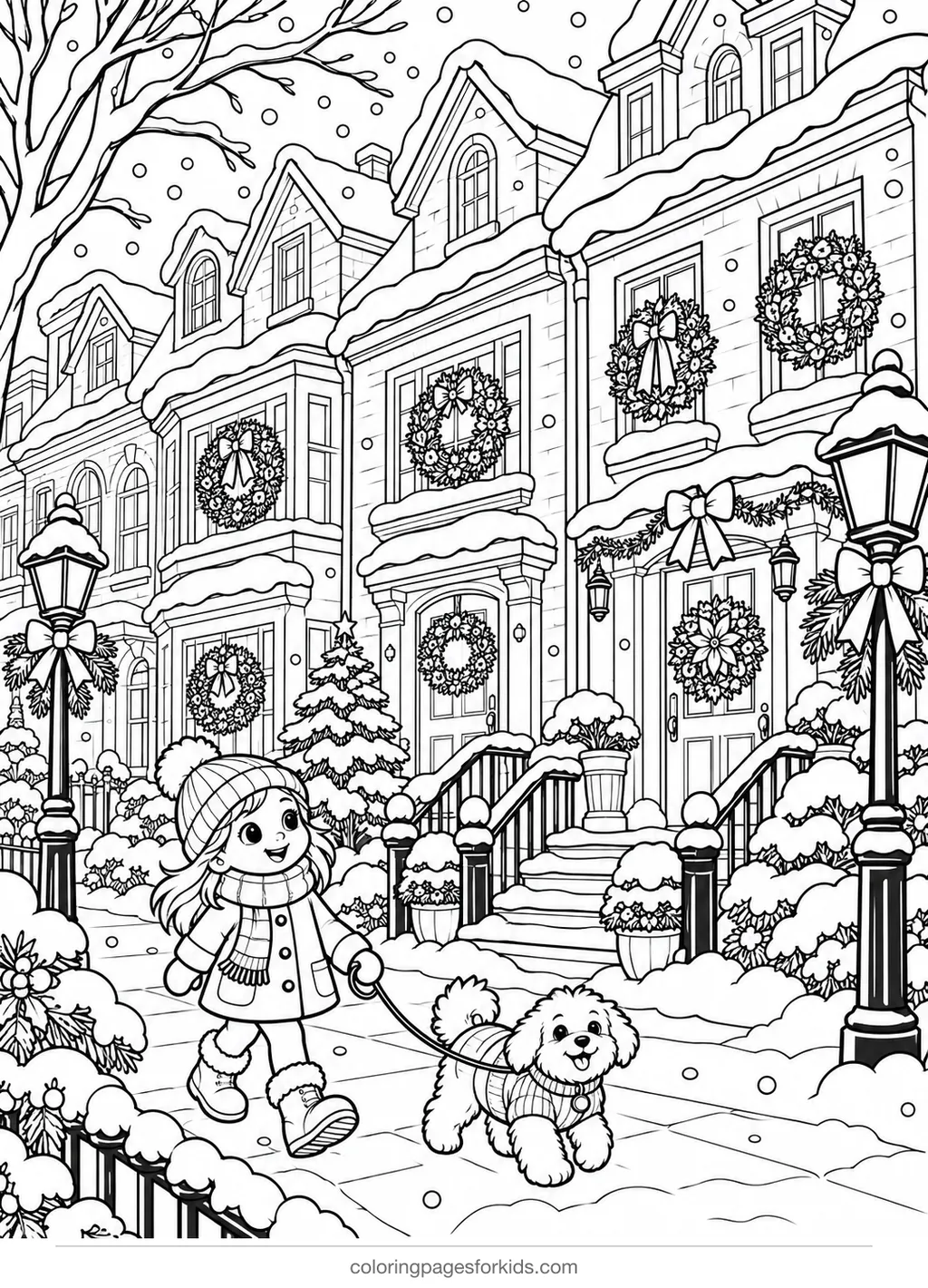 Christmas wreath coloring page of snowy townhouses with wreaths, detailed printable for ages 7-10