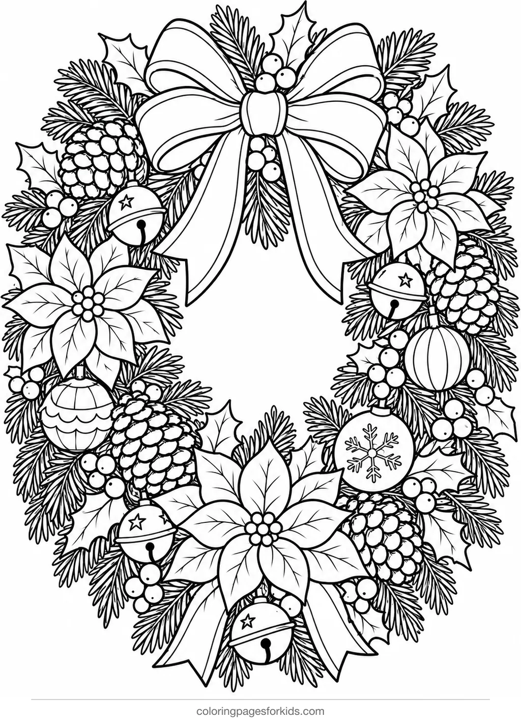 Christmas wreath coloring page with ornaments and bells, detailed black-and-white printable for ages 7-10