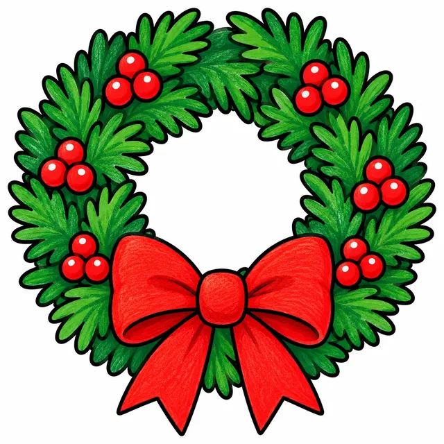 Colored example of a simple Christmas wreath with a big bow and berries for kids
