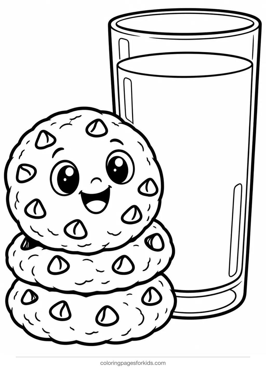 Cookie coloring page of a smiling cookie stack beside milk, easy black-and-white printable for ages 3-5