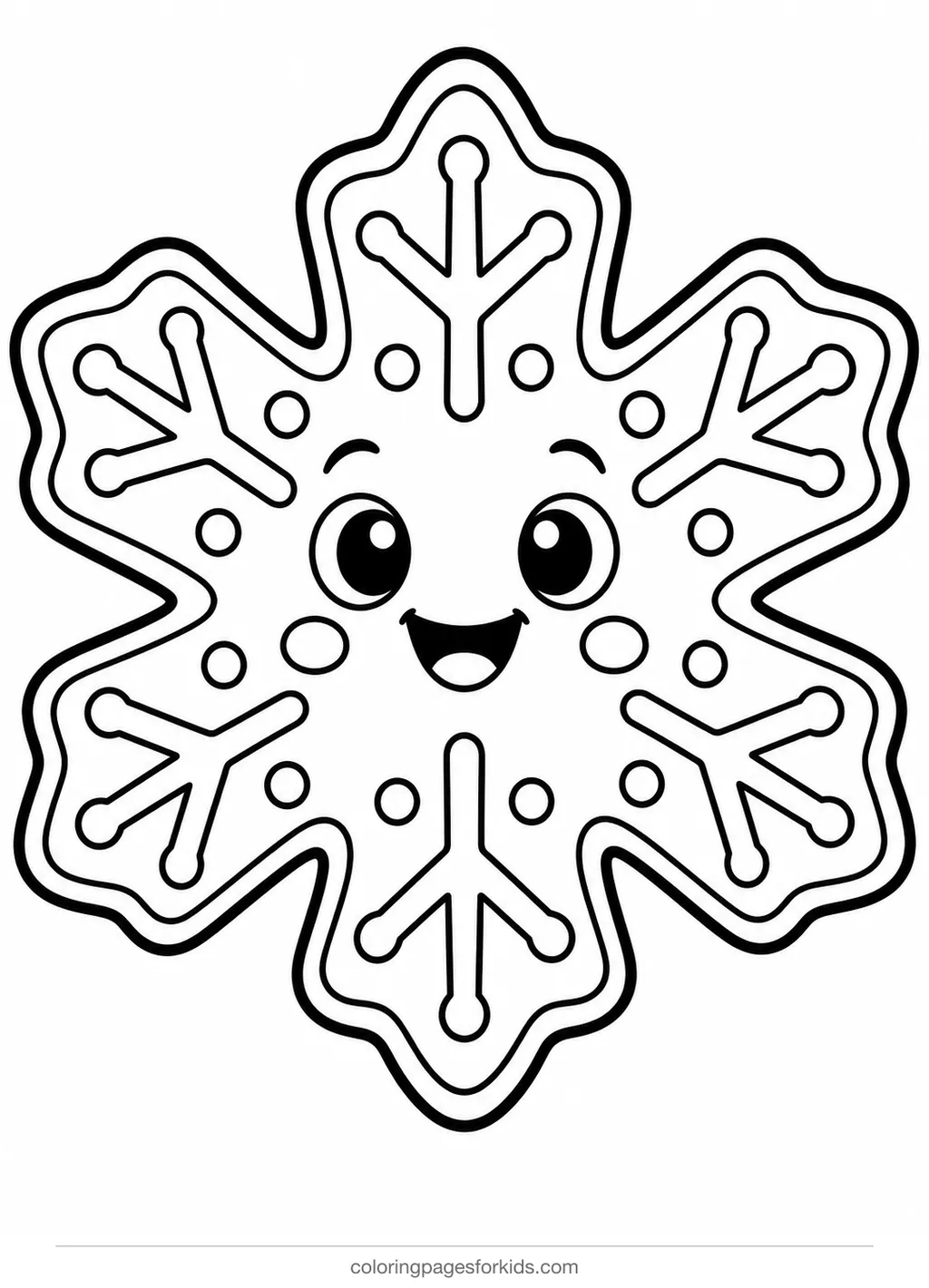Cookie coloring page of a smiling snowflake sugar cookie, easy black-and-white printable for ages 3-5