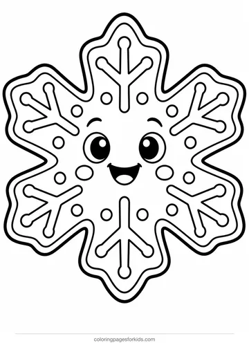 Cookie coloring page of a smiling snowflake sugar cookie, easy black-and-white printable for ages 3-5