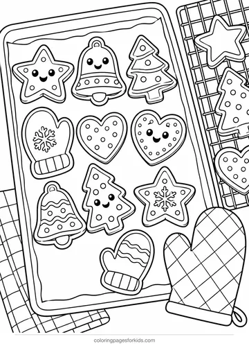 Cookie coloring page of a tray of Christmas cookies, medium black-and-white printable for ages 5-7