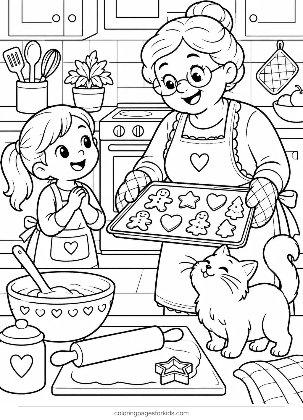Cookie coloring page of grandma and child baking cookies, medium black-and-white printable for ages 5-7