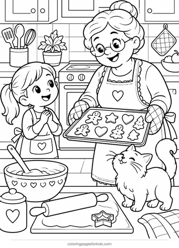 Cookie coloring page of grandma and child baking cookies, medium black-and-white printable for ages 5-7