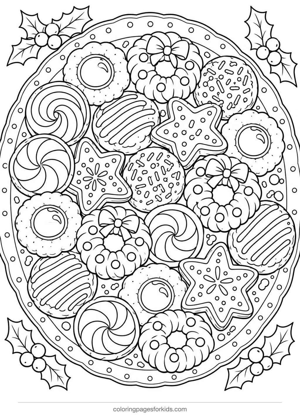 Cookie coloring page of a detailed Christmas cookie platter, detailed printable for ages 7-10