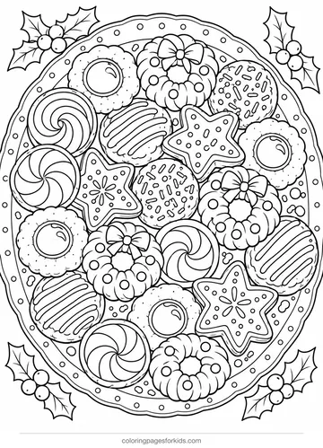 Cookie coloring page of a detailed Christmas cookie platter, detailed printable for ages 7-10