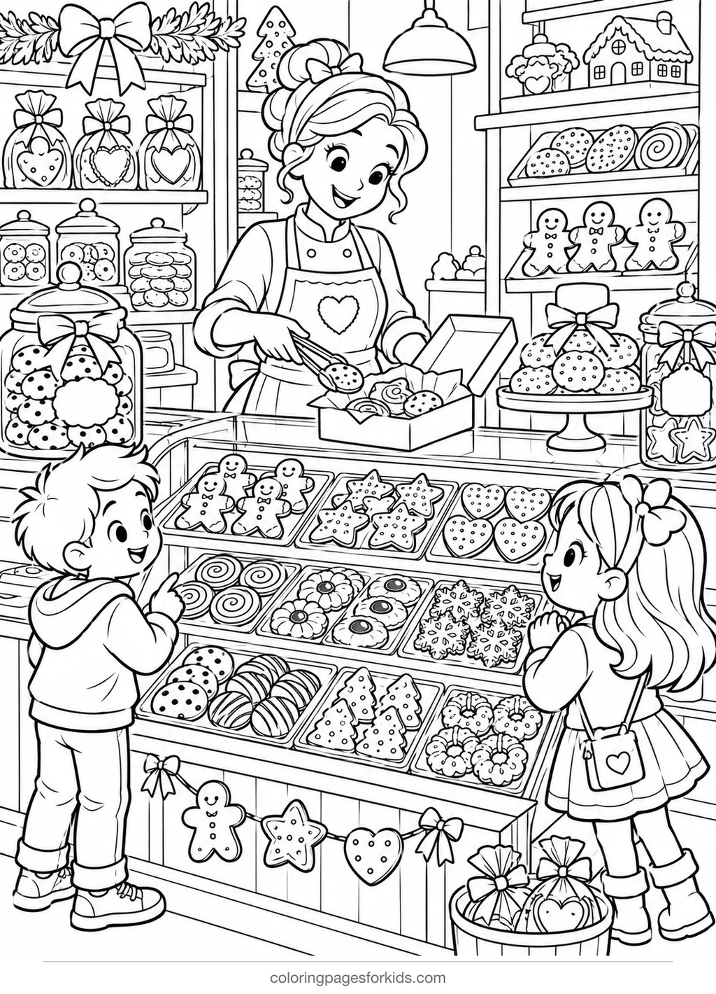 Cookie coloring page of a cozy bakery counter with cookies, detailed printable for ages 7-10