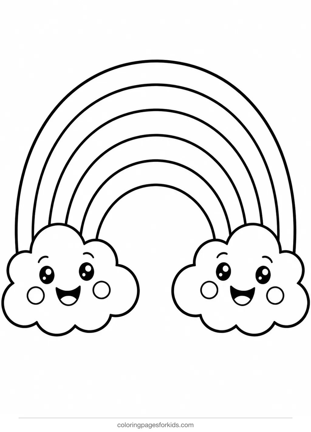 Cute coloring page of a smiling rainbow with cloud friends, easy black-and-white printable for ages 3-5