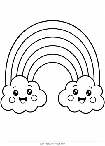 Cute coloring page of a smiling rainbow with cloud friends, easy black-and-white printable for ages 3-5