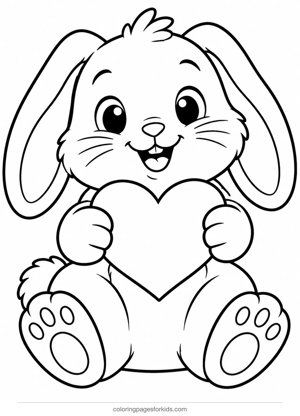 Cute coloring page of a bunny holding a heart, easy black-and-white printable for ages 3-5