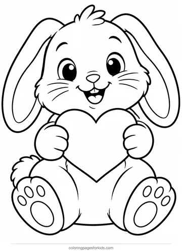 Cute coloring page of a bunny holding a heart, easy black-and-white printable for ages 3-5