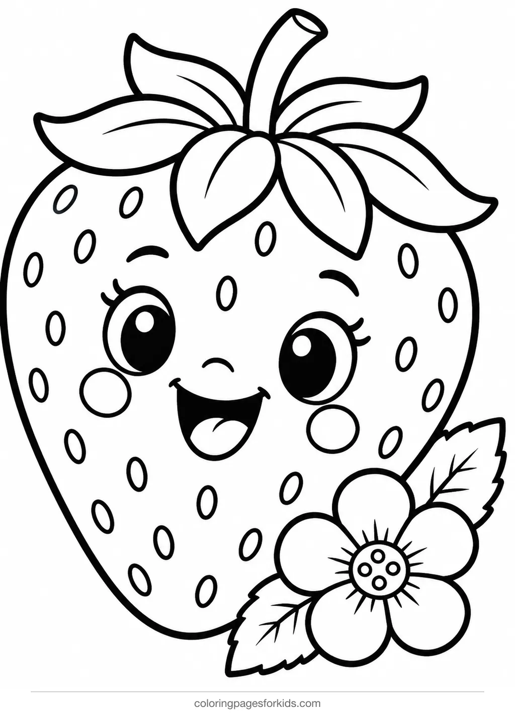 Cute coloring page of a kawaii strawberry with a flower, easy black-and-white printable for ages 3-5