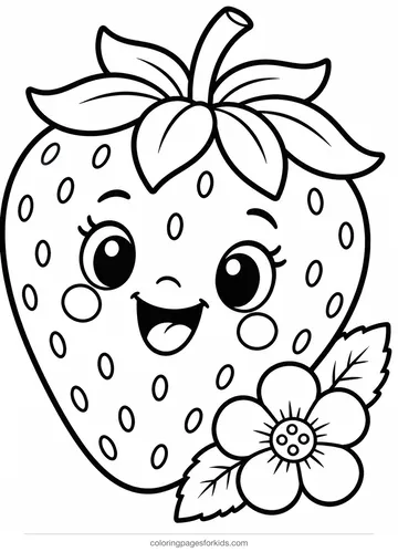 Cute coloring page of a kawaii strawberry with a flower, easy black-and-white printable for ages 3-5