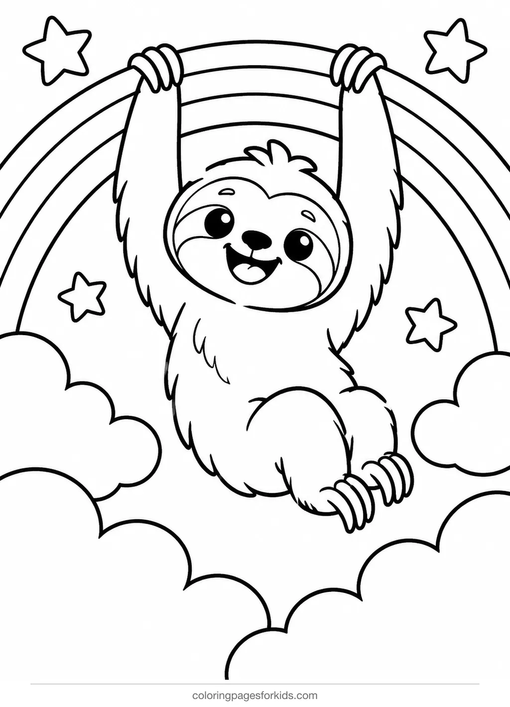 Cute coloring page of a sloth hanging from a rainbow, medium black-and-white printable for ages 5-7