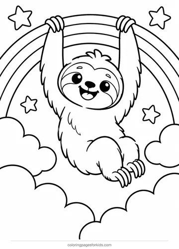 Cute coloring page of a sloth hanging from a rainbow, medium black-and-white printable for ages 5-7