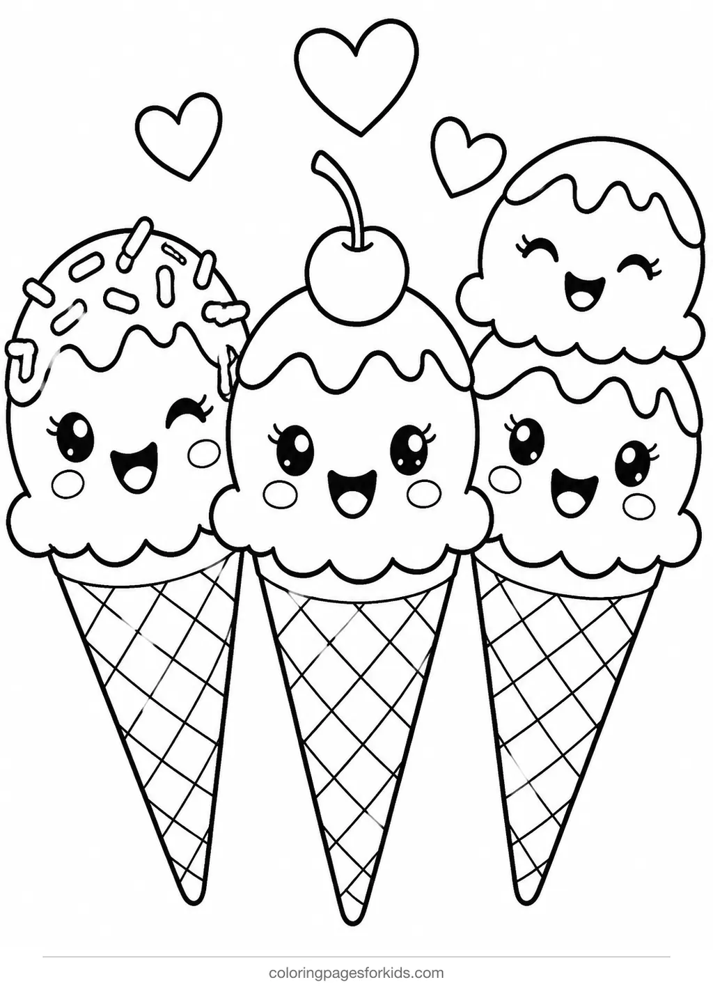 Cute coloring page of three ice cream cone friends, medium black-and-white printable for ages 5-7