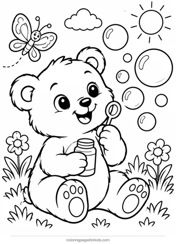 Cute coloring page of a bear cub blowing bubbles, medium black-and-white printable for ages 5-7