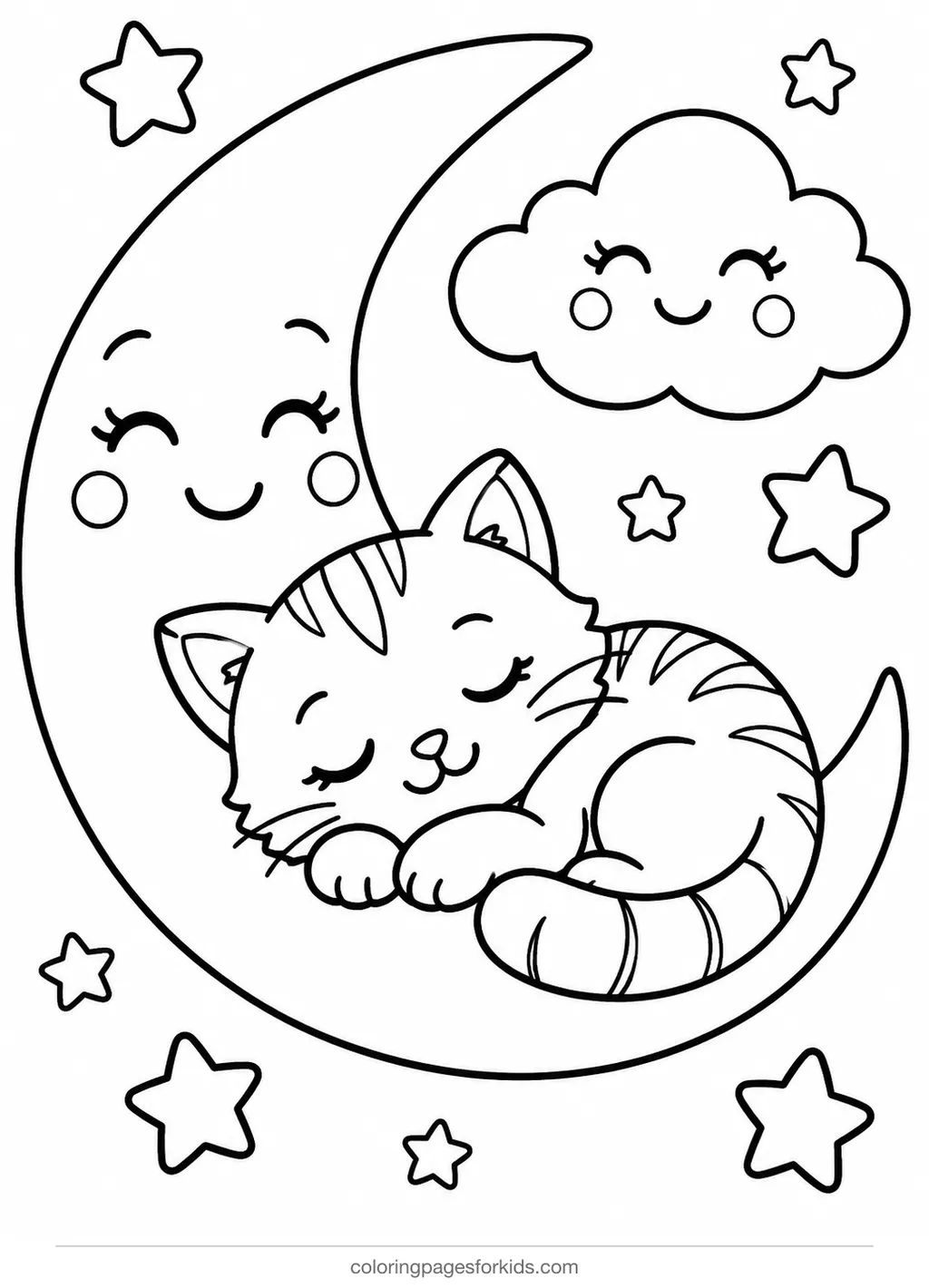 Cute coloring page of a kitten asleep on a crescent moon, medium black-and-white printable for ages 5-7