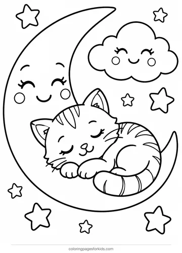 Cute coloring page of a kitten asleep on a crescent moon, medium black-and-white printable for ages 5-7