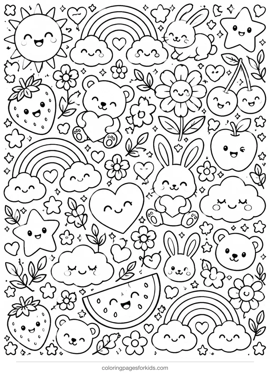 Cute coloring page of doodle hearts stars fruit and animals, detailed black-and-white printable for ages 7-10