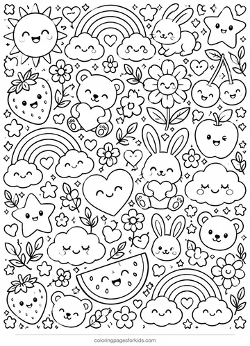 Cute coloring page of doodle hearts stars fruit and animals, detailed black-and-white printable for ages 7-10