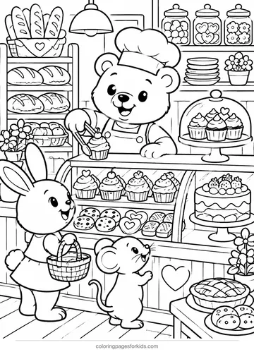 Cute coloring page of an animal bakery, detailed black-and-white printable for ages 7-10