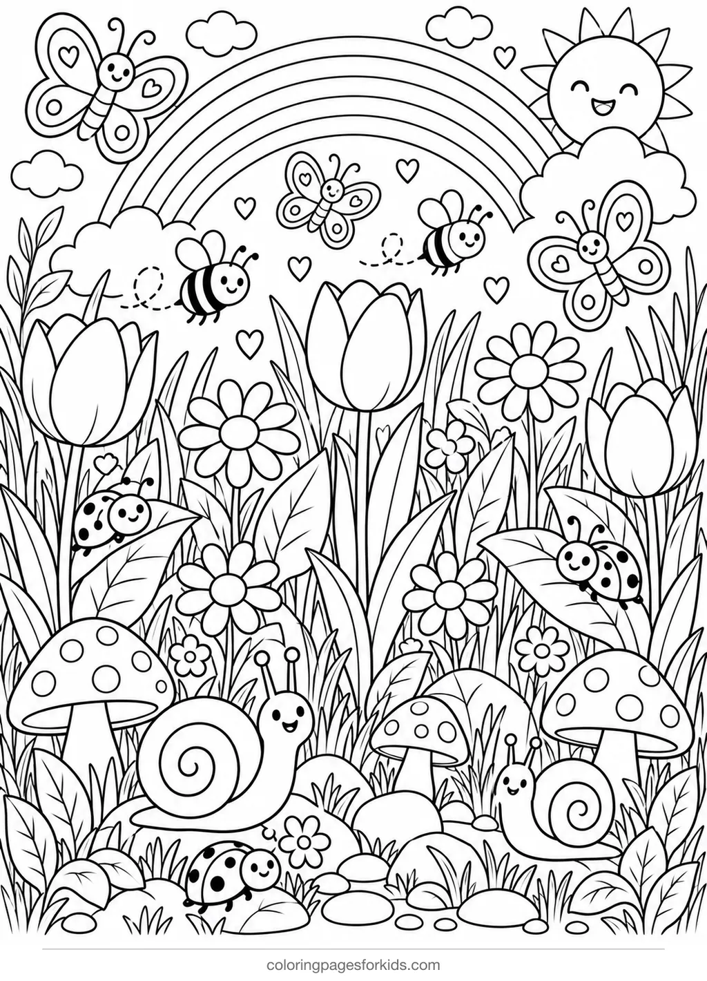 Cute coloring page of a rainbow garden with critters, detailed black-and-white printable for ages 7-10