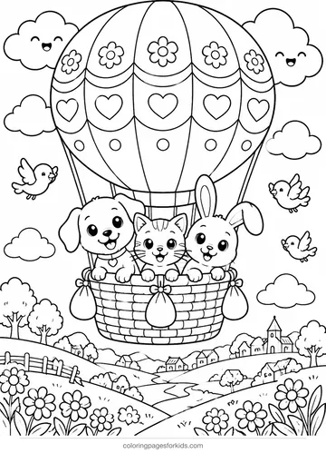 Cute coloring page of animal friends in a hot air balloon, detailed black-and-white printable for ages 7-10